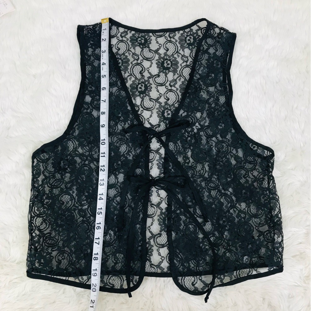 VINTAGE Sheer‎ Black Lace Tie Front Vest Top Small Goth Fairycore Grunge Y2K 90s - Picture 7 of 8